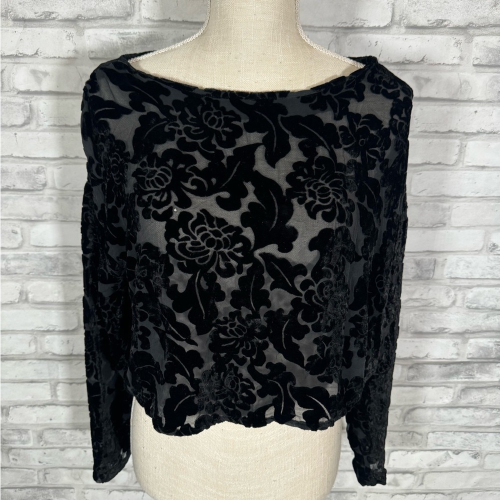 Vintage The Icing Black Burn Out Sheer Velvet Floral Blouse Top